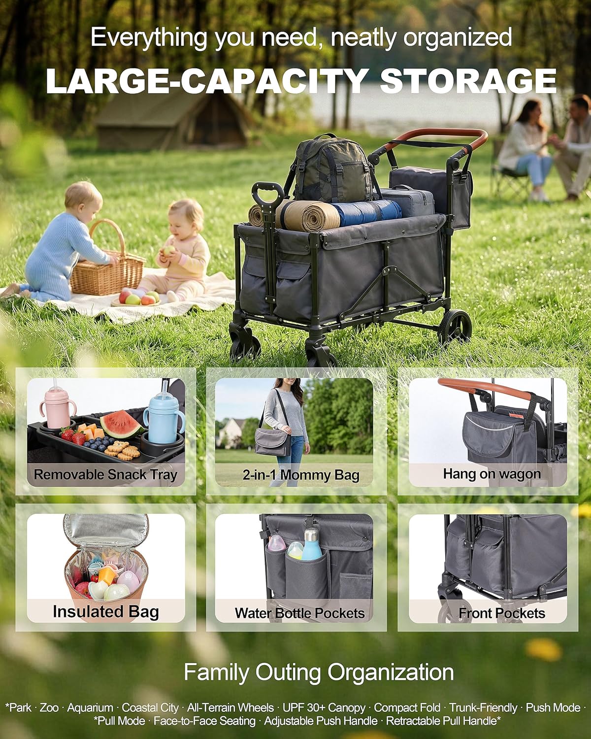 2-in-1 Wagon Stroller for Two Kids – Foldable Push & Pull All‑Terrain Wagon with Canopy, 5‑Point Harnesses, 2-in-1 Storage Bag (Converts to Shoulder Bag), Lightweight, Compact – Black