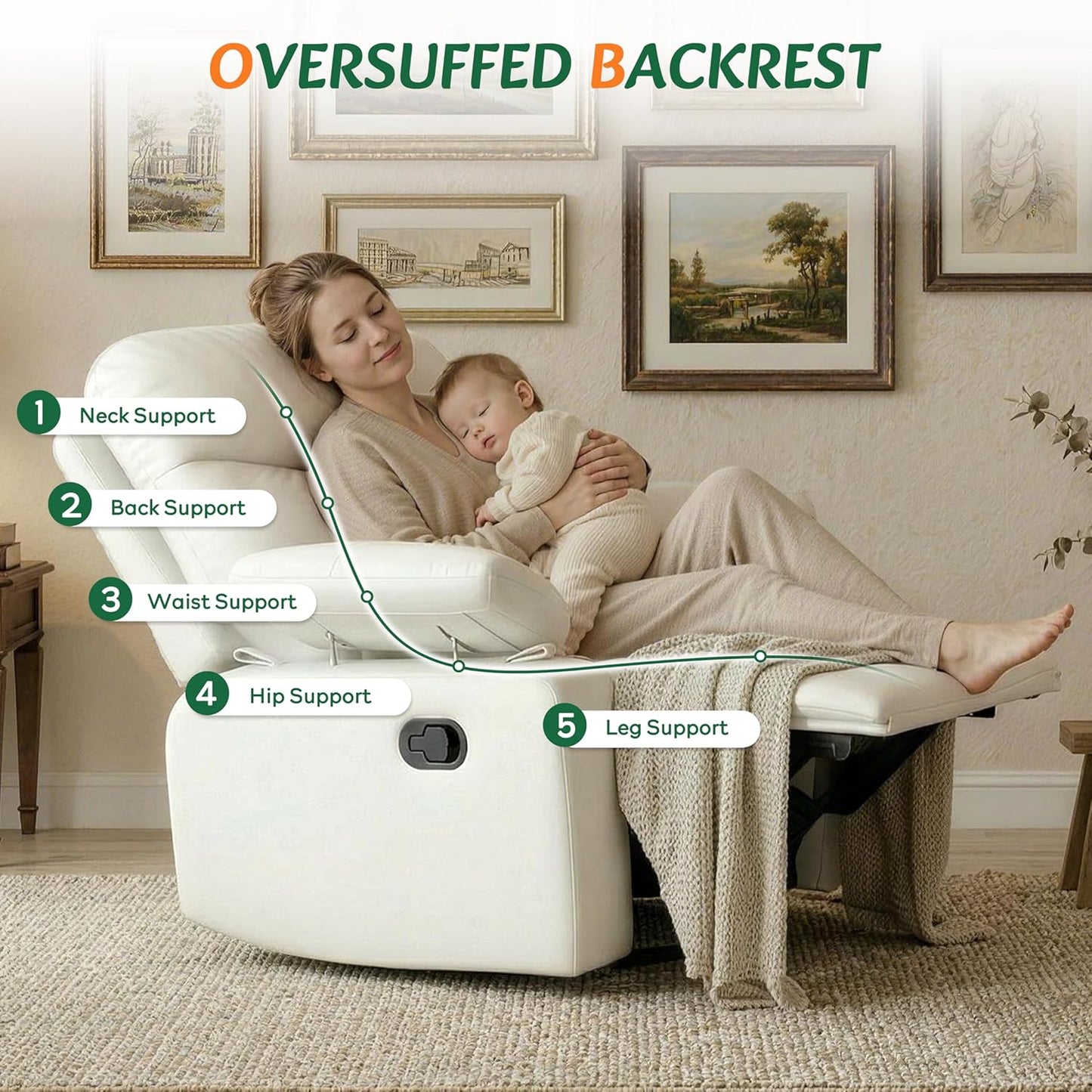 Nursery Glider Recliner with Adjustable Armrests, Oversized Comfortable Nursing Chair for Breastfeeding Moms, 360°Swivel, 90°-160° Recline, Quiet Rocking Chair Nursery for Living Room, White