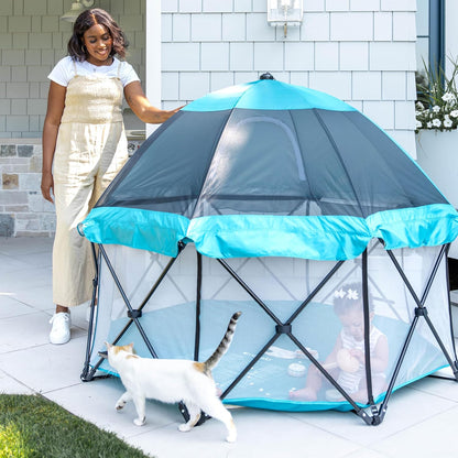 Regalo Safety My Play Deluxe Baby Playpen & Portable Play Yard with Canopy, Foldable 6-Panel Indoor Outdoor Playpen for Babies & Toddlers, Mesh Sides, Washable Nylon Bottom, 48", Aqua/Black