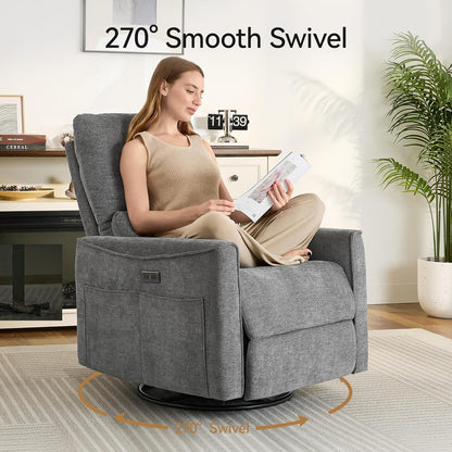 Power Swivel Rocker Recliner,Fabric Glider Recliner Nursery Chair,Small Rocking Chair,Single Reclining Sofa with Lumbar Support,USB&Type-C Ports,Living Room Home Threater Seat, Flint Grey