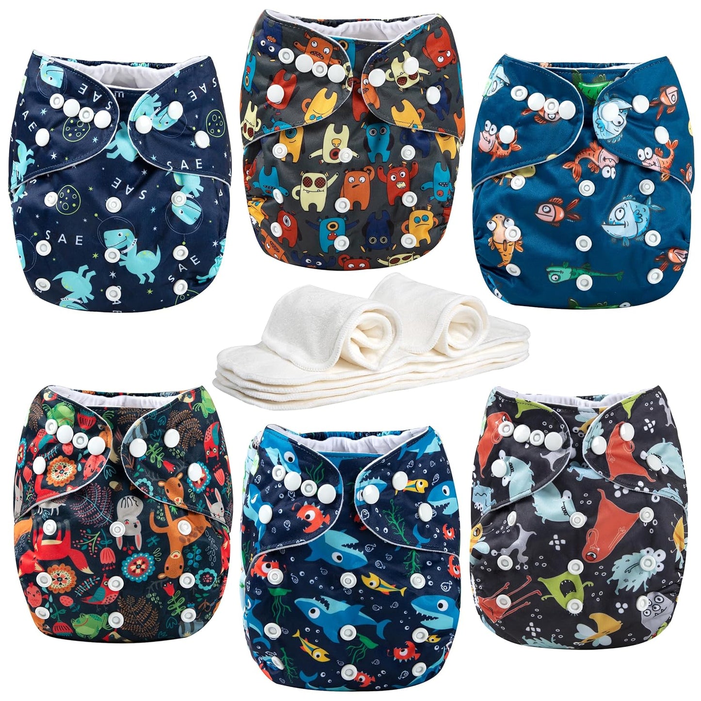 wegreeco Cloth Diapers 6 Pack with 6 Inserts & 1 Wet Bag, Washable Cloth Diapers for Babies, One Size Adjustable Reusable (Flower)