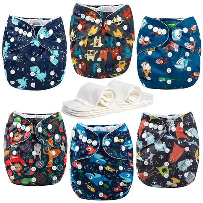 wegreeco Cloth Diapers 6 Pack with 6 Inserts & 1 Wet Bag, Washable Cloth Diapers for Babies, One Size Adjustable Reusable (Flower)