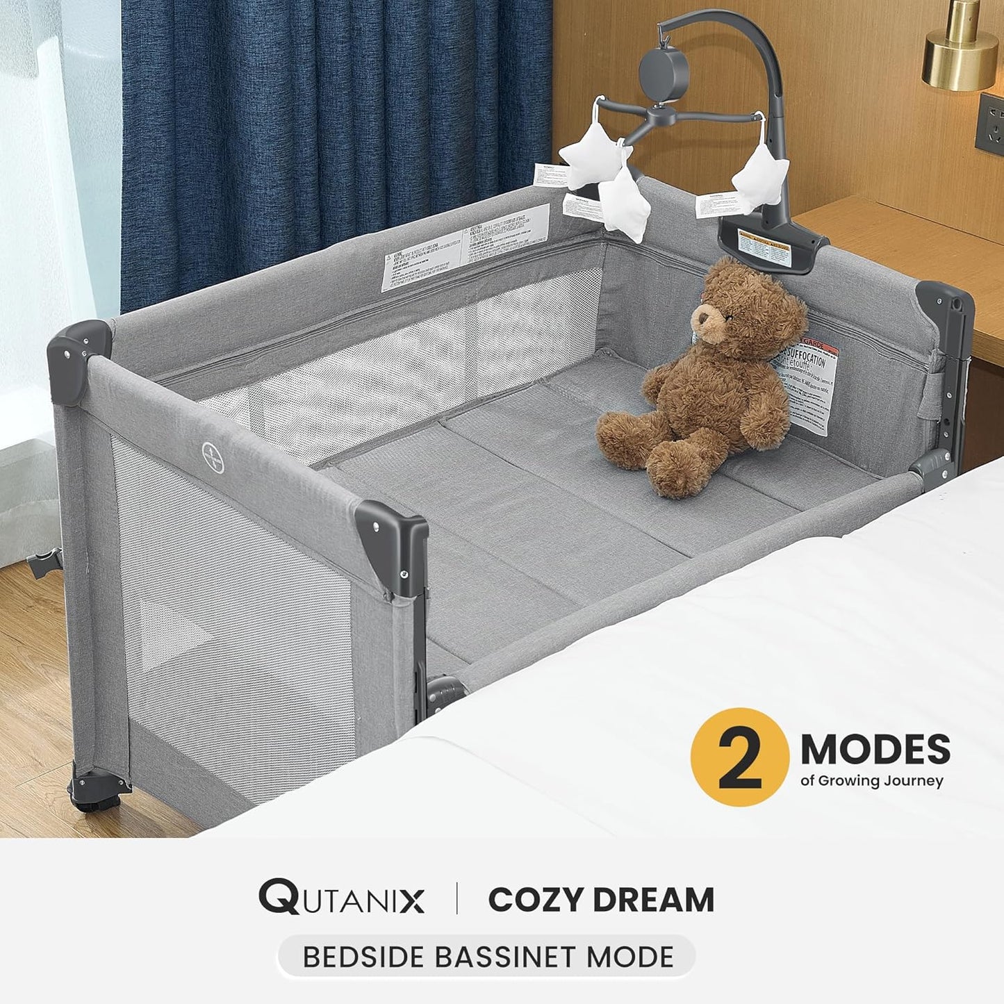 QUTANIX 2-in-1 Pack and Play with Mattress,Baby Bassinet Bedside Sleeper, Bedside Bassinet & Baby Playpen, Easy Folding Portable Crib for Newborn to Toddlers (Dark Grey)