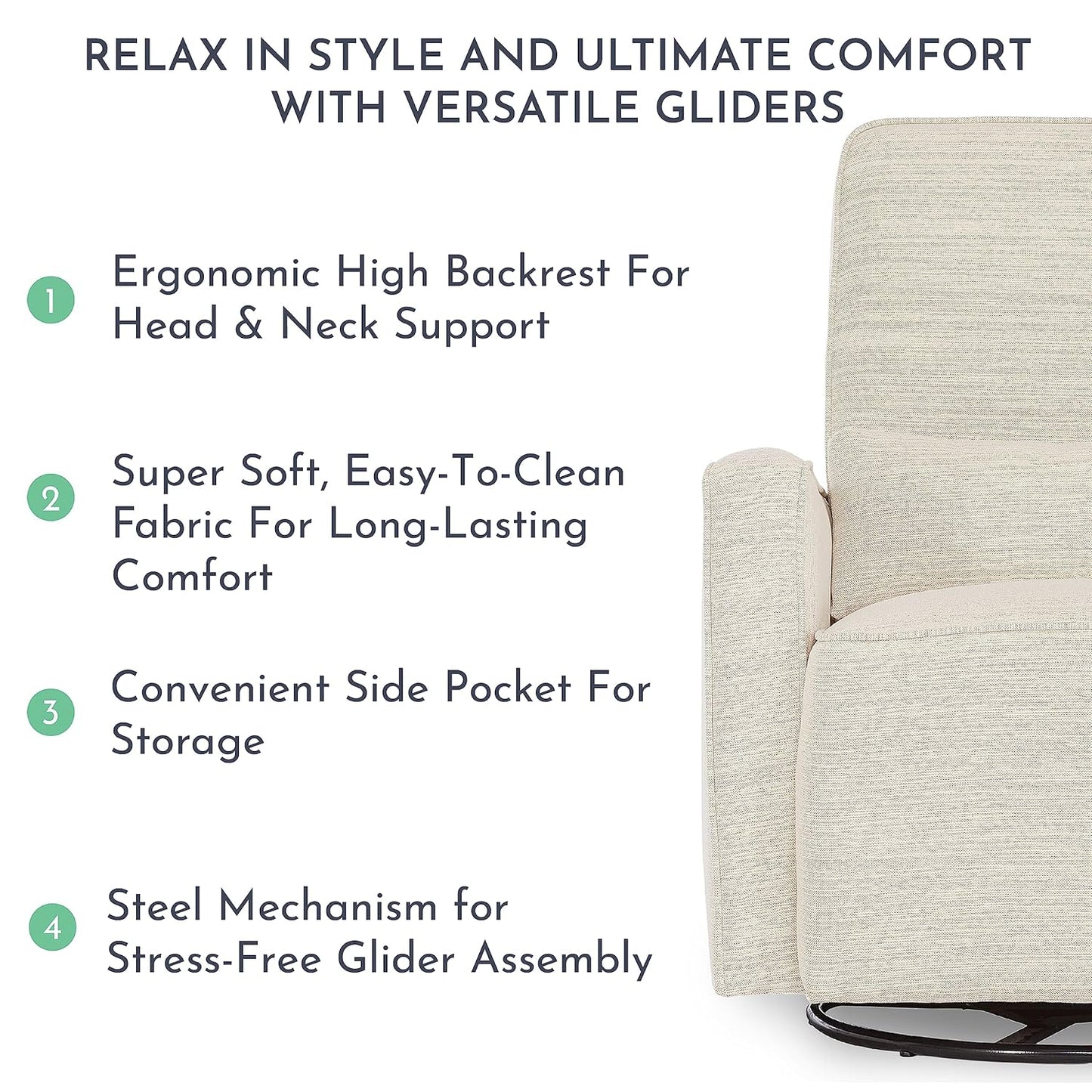 Evolur Holland Upholstered Plush Seating Glider Swivel, Glider Chair for Nursery in Harbor, Modern Nursery Glider, Tool-Free Assembly, Easy to Clean, Environmentally Conscious Glider