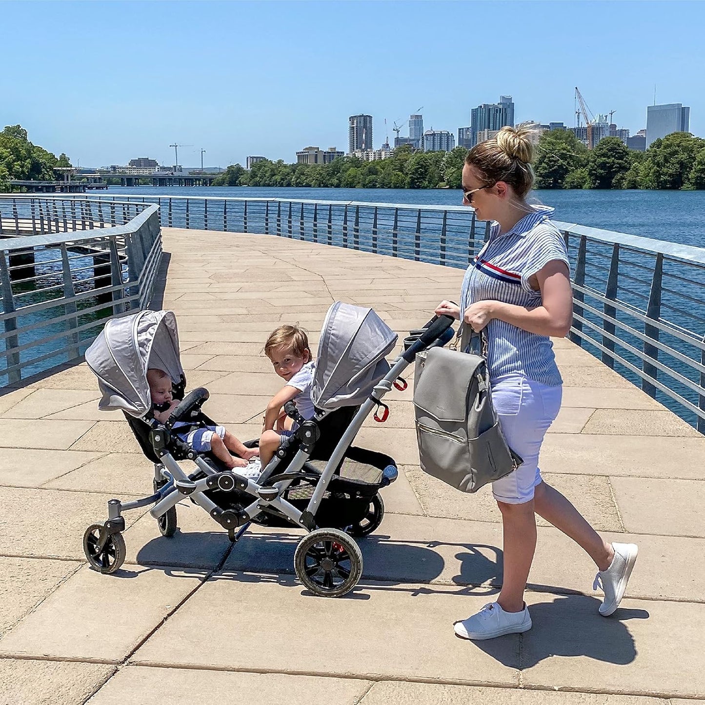 Dream On Me Track Tandem Double Umbrella Stroller in Slate, Lightweight Double Stroller for Infant and Toddler, Multi-Position Reversible & Reclining Seats, Large Storage Basket and Canopy