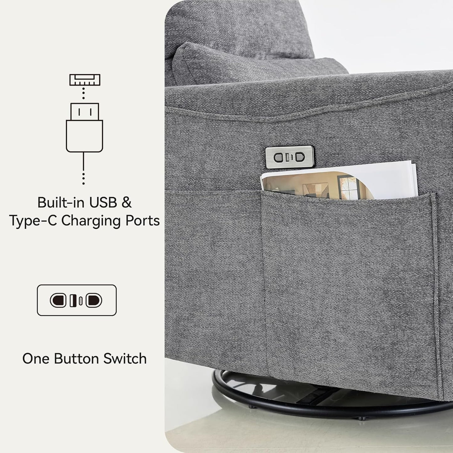 Power Swivel Rocker Recliner,Fabric Glider Recliner Nursery Chair,Small Rocking Chair,Single Reclining Sofa with Lumbar Support,USB&Type-C Ports,Living Room Home Threater Seat, Flint Grey