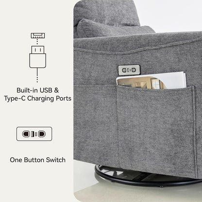 Power Swivel Rocker Recliner,Fabric Glider Recliner Nursery Chair,Small Rocking Chair,Single Reclining Sofa with Lumbar Support,USB&Type-C Ports,Living Room Home Threater Seat, Flint Grey