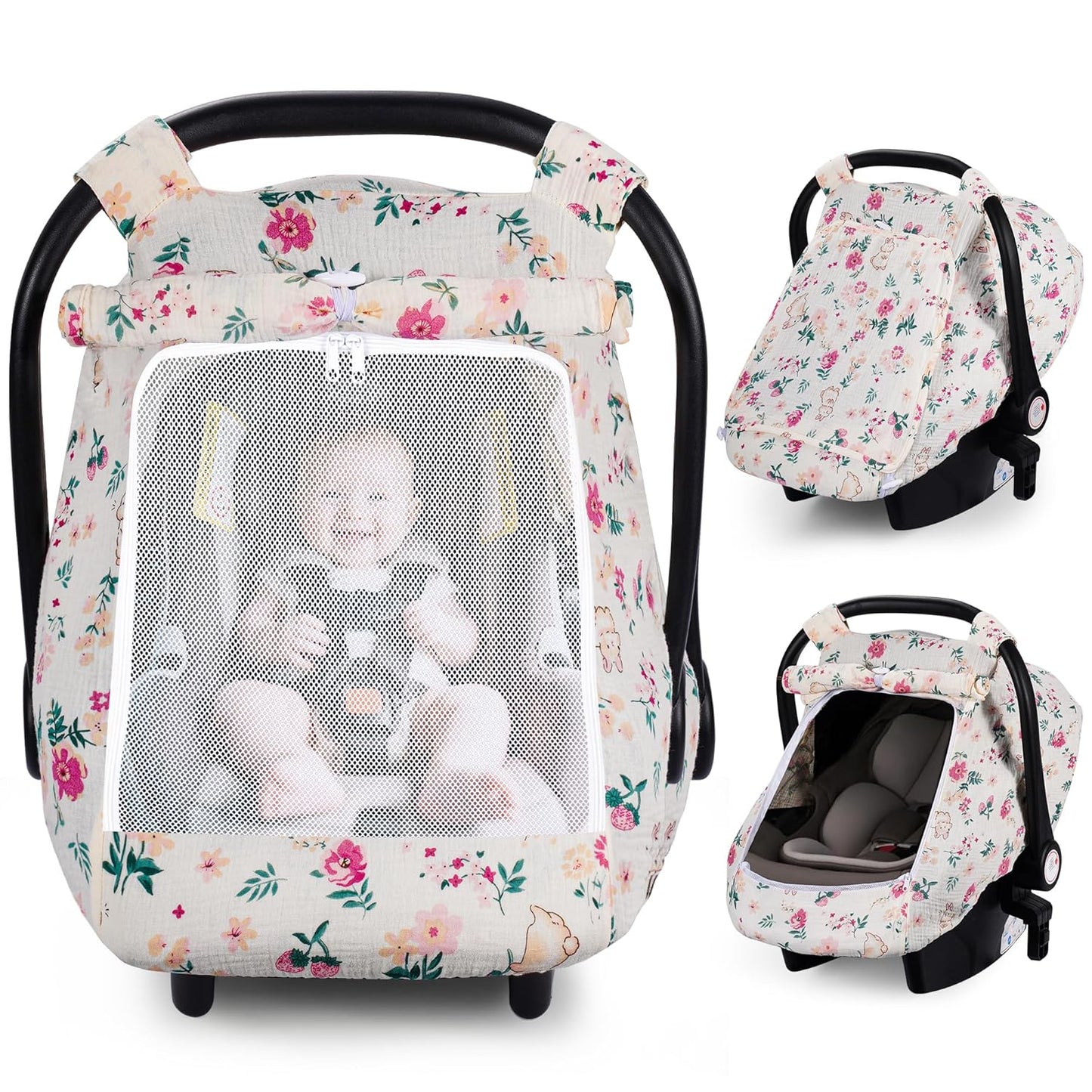 Rquite Car Seat Cover Baby, Carseat Covers Girl Boy, Breathable Muslin Cotton, Large Mesh Window, Infant Car Seat Canopy Baby Carrier Cover Stroller Sun Shade for Summer & Hot Day