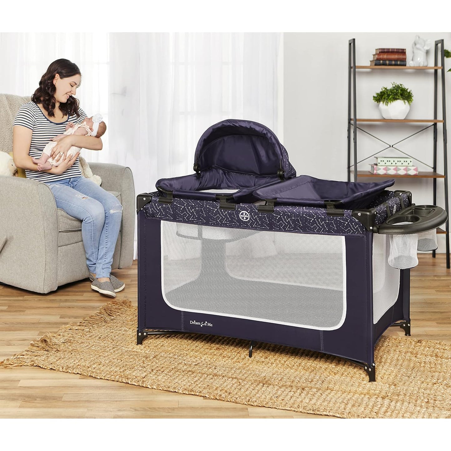 Dream On Me Emily Rose Deluxe Playard in Galaxy Blue with Infant Bassinet and Changing Tray, Lightweight Portable and Convertible Playard for Baby, Breathable Mesh Sides and Soft Fabric