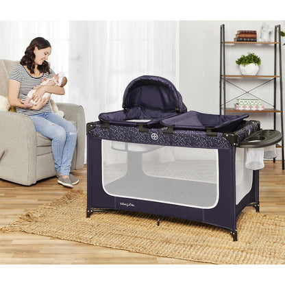 Dream On Me Emily Rose Deluxe Playard in Galaxy Blue with Infant Bassinet and Changing Tray, Lightweight Portable and Convertible Playard for Baby, Breathable Mesh Sides and Soft Fabric