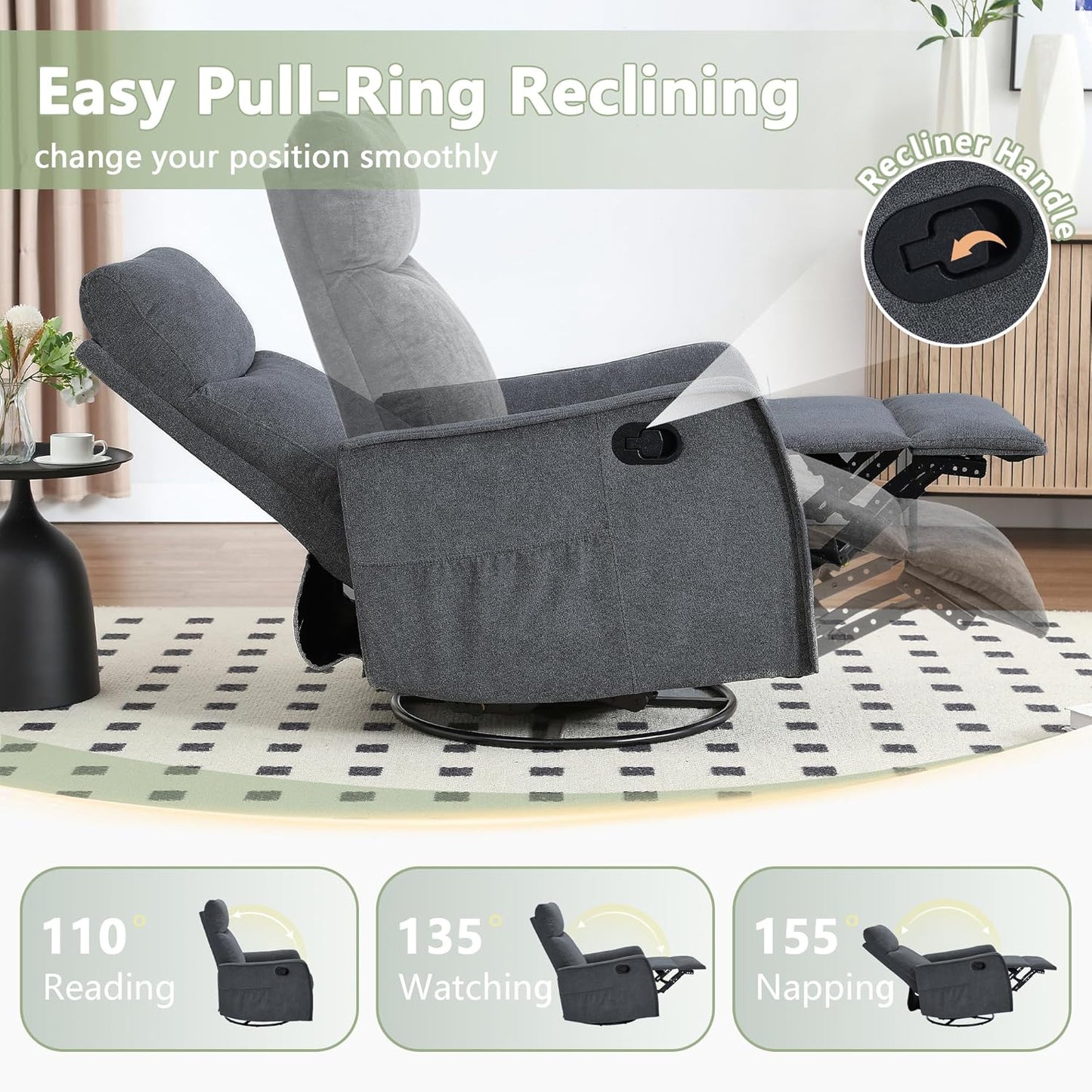 cinkehome Swivel Rocker Recliner, Glider Rocker Recliner Chair for Nursery, Manual Reclining Chair with Heated Massage, Small Spaces, Living Room, Khaki Chenille