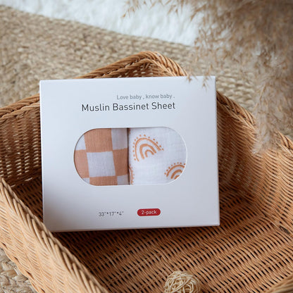 Muslin Bassinet Fitted Sheets 2 Pack, Soft Breathable Cotton Baby Bassinet Mattress Sheet Set, 360° Elastic Snug Fit, Universal for Oval, Rectangle & Hourglass Cradle, Unisex Baby Bedding (Cute Cars)