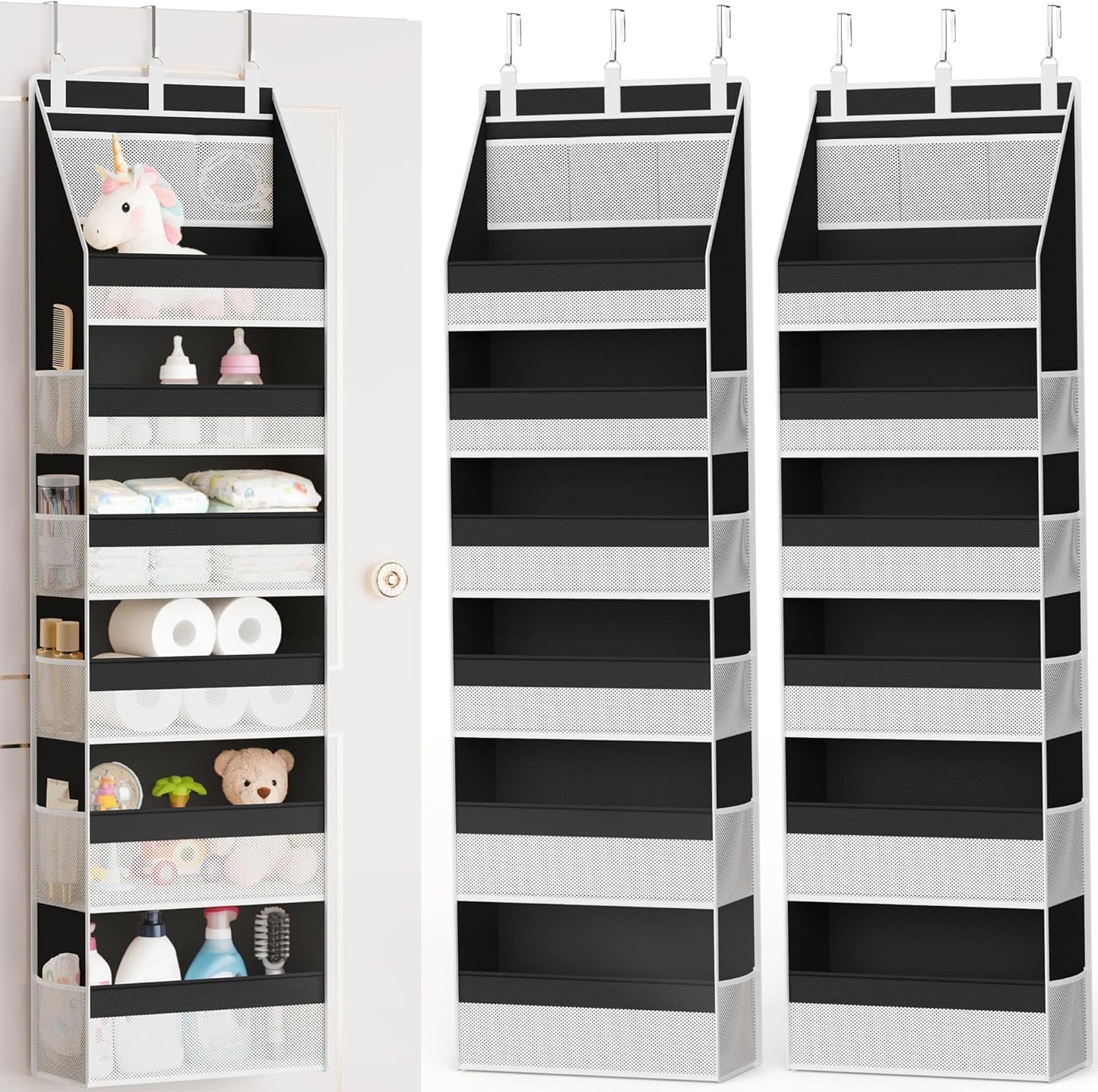 Criusia Over the Door Organizer, 6-Shelf Closet Hanging Storage with 13 Mesh Pockets, 55lbs Capacity Behind the Door Storage for Baby Nursery, Bathroom, Bedroom, and Dorm, Beige