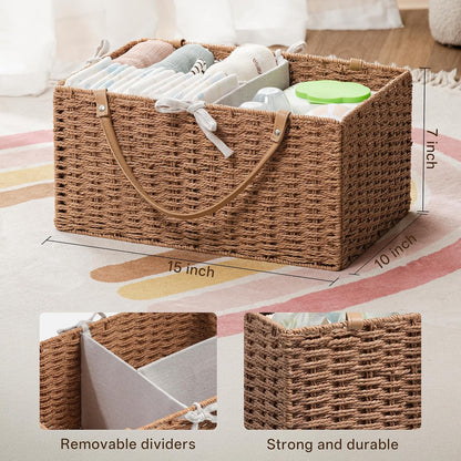 Angelhood Large Paper Rope Diaper Caddy, Baby Essentials Organizer, Portable Baby Shower Baskets Gift Bin, Car Storage Bag for Nursery
