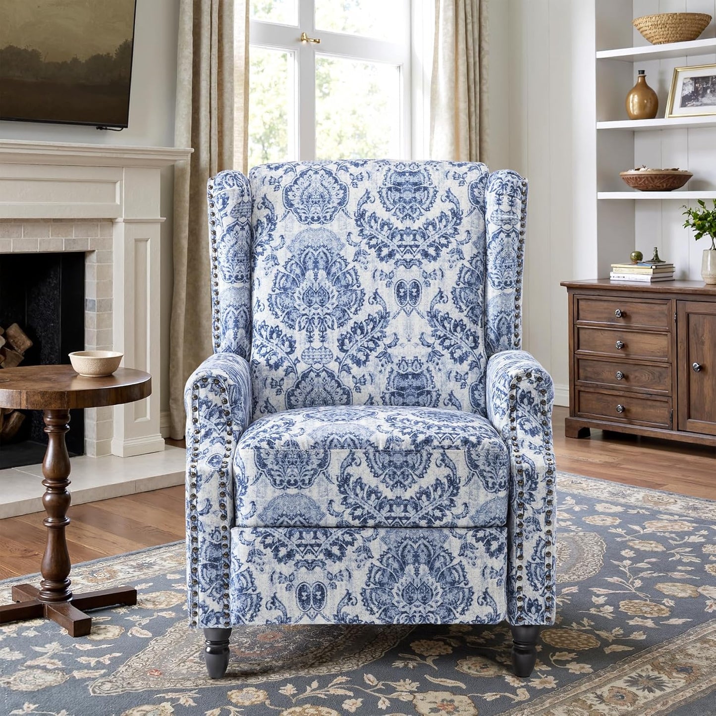 Swivel Rocker Recliner Chair, Manual Nursery Glider Recliner, Floral Fabric Wingback Accent Chair with Adjustable Backrest & Footrest for Small Spaces Living Room Bedroom (Plants Floral, Set of 1)