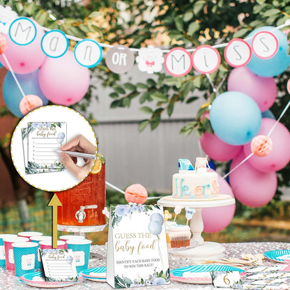 Guess the Baby Food Party Games, Baby Shower Game Set, 1 Standing Sign + 25 Answer Cards + 6 Number Cards, Boho Wild West Gender Reveal Party Decoration Supplies -B05