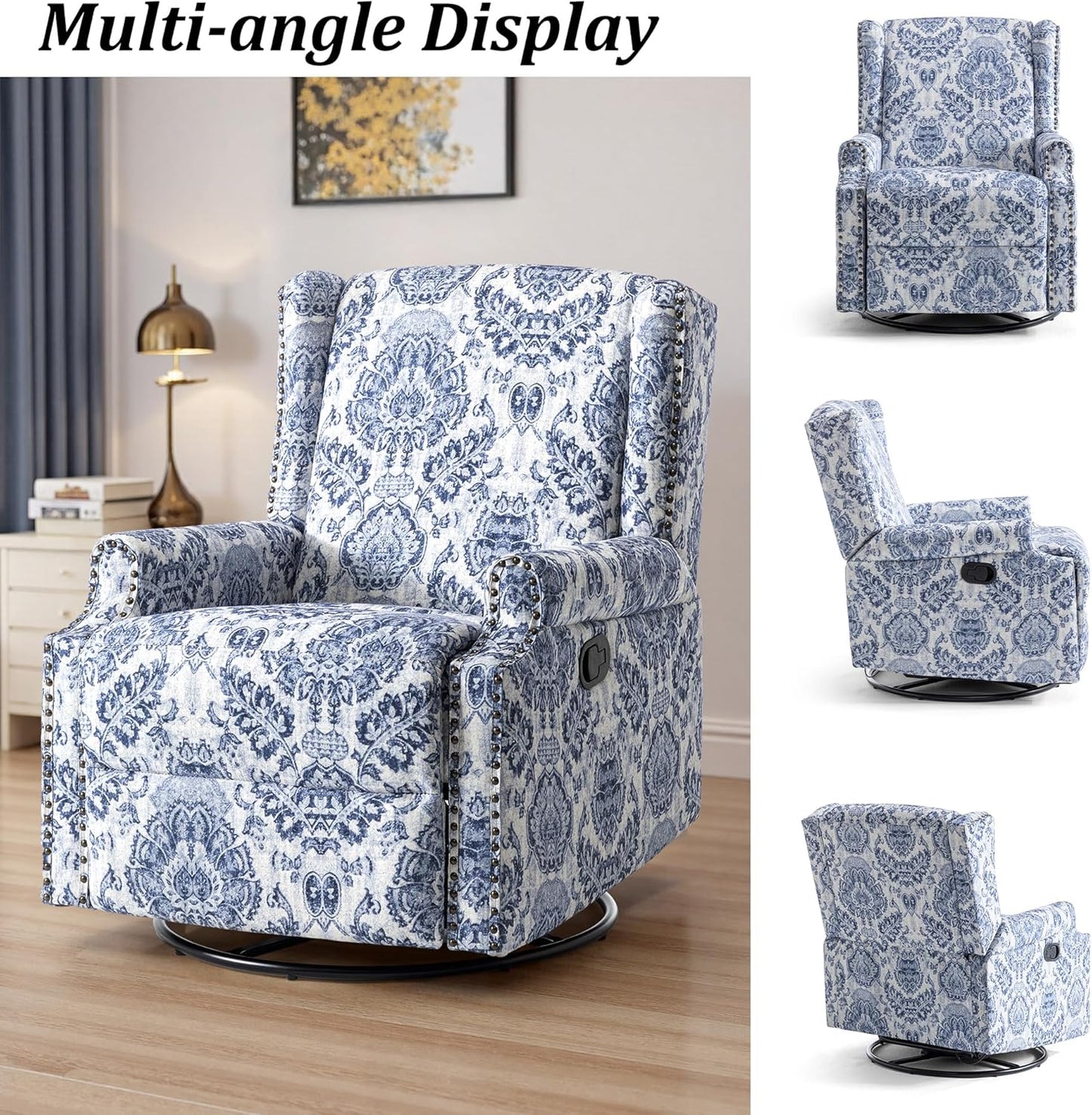 Swivel Rocker Recliner Chair, Manual Nursery Glider Recliner, Floral Fabric Wingback Accent Chair with Adjustable Backrest & Footrest for Small Spaces Living Room Bedroom (Plants Floral, Set of 1)