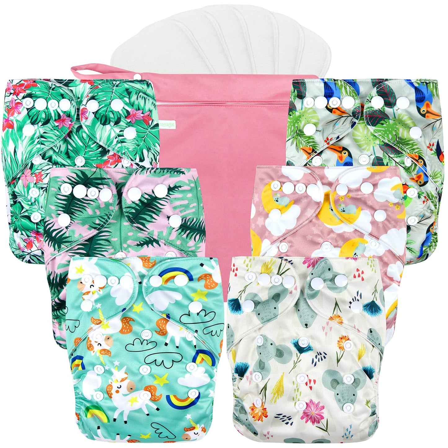 wegreeco Cloth Diapers 6 Pack with 6 Inserts & 1 Wet Bag, Washable Cloth Diapers for Babies, One Size Adjustable Reusable (Flower)
