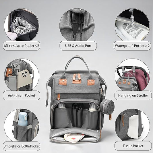Diaper Bag Backpack with Changing Station, Multifunction Travel Baby Bag, Waterproof Baby Tote, Large Capacity Mommy Bag, Newborn Essentials Backpack Bag, Unisex, Gray