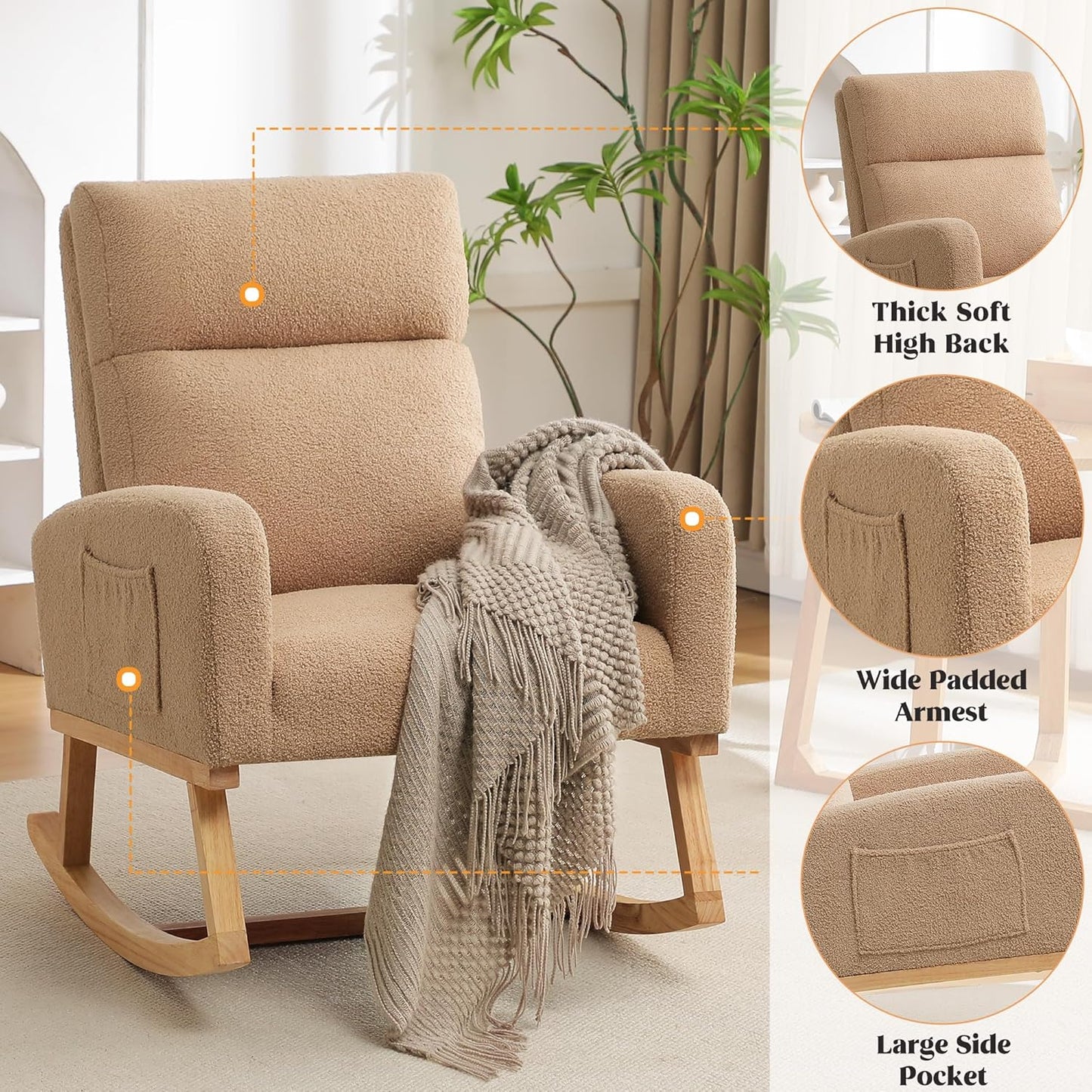 HCHAIRH Rocking Chair Nursery, Upholstered Fabricr Nursing Rocking Chairs with Soft High Back, Modern Nursery Glider Rocker for Mom Living Room, Bedroom, Camel