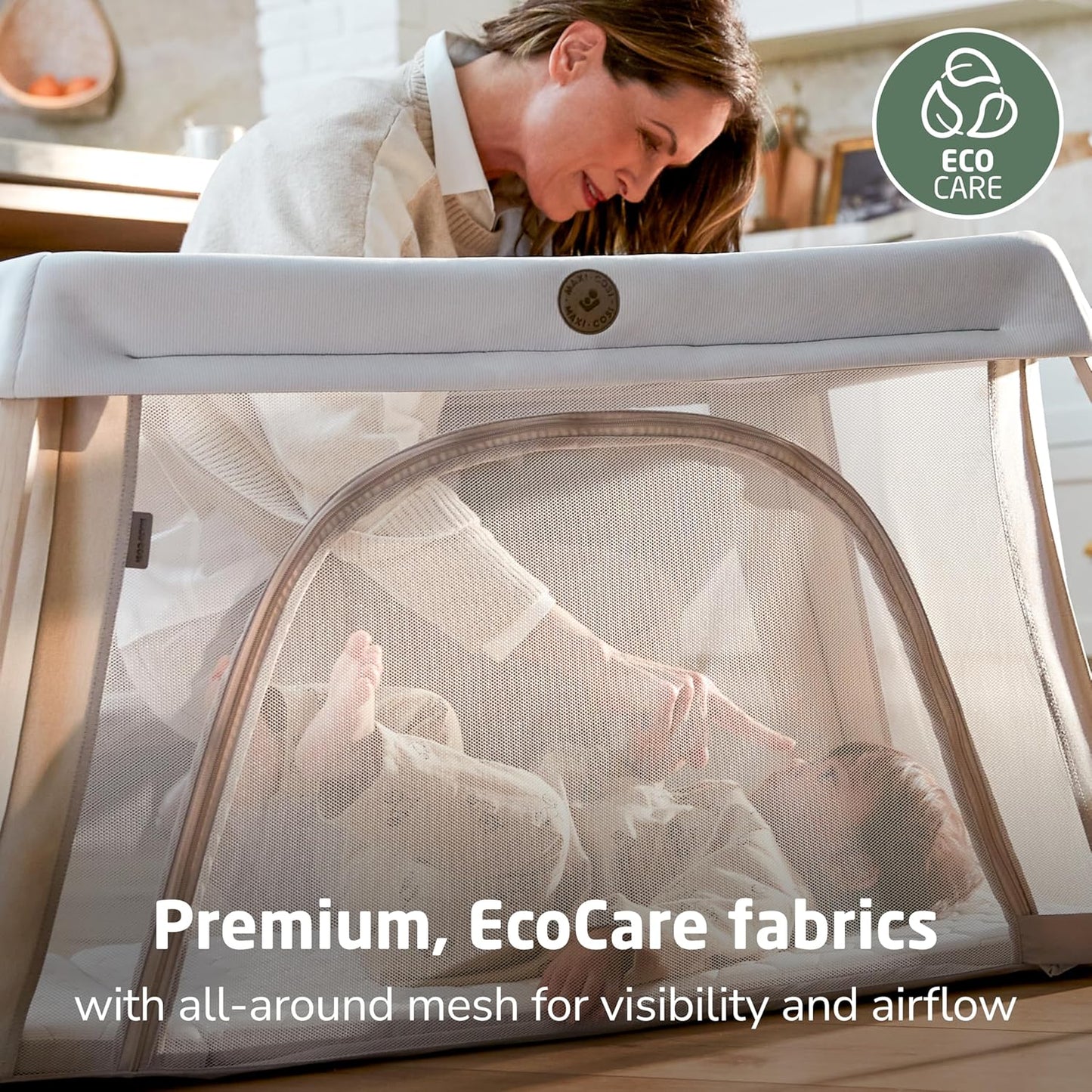 Maxi-Cosi Calao Travel Playard, Infant Bassinet, Toddler Playpen, Portable, Lightweight, Foldable, Easy Setup, with Carry Bag, Breathable Mesh, Truffle