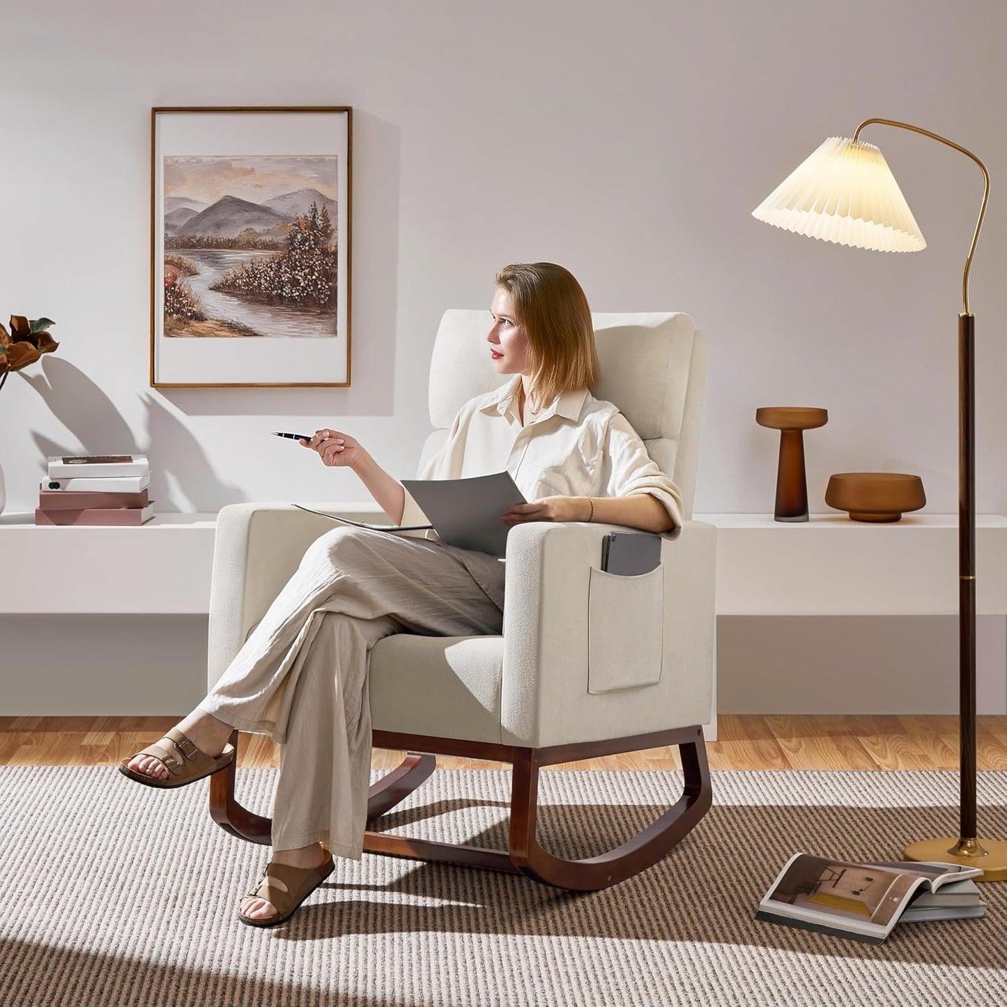 Yaheetech Upholstered Rocking Chair, Boucle Glider Chair Nursery Chair with High Back and Side Pocket, Rocking Accent Armchair with Rubber Wood Legs for Living Room/Bedroom/Nursery, Ivory