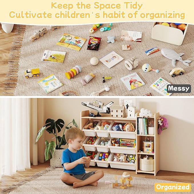 GITAWUSA Kids Toy Storage Organizer, Wooden Shelf with 3 Tiers and 9 Storage Bins, Nursery Room Organizer for Books and Toys, White and Natural Wood