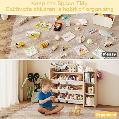 GITAWUSA Kids Toy Storage Organizer, Wooden Shelf with 3 Tiers and 9 Storage Bins, Nursery Room Organizer for Books and Toys, White and Natural Wood