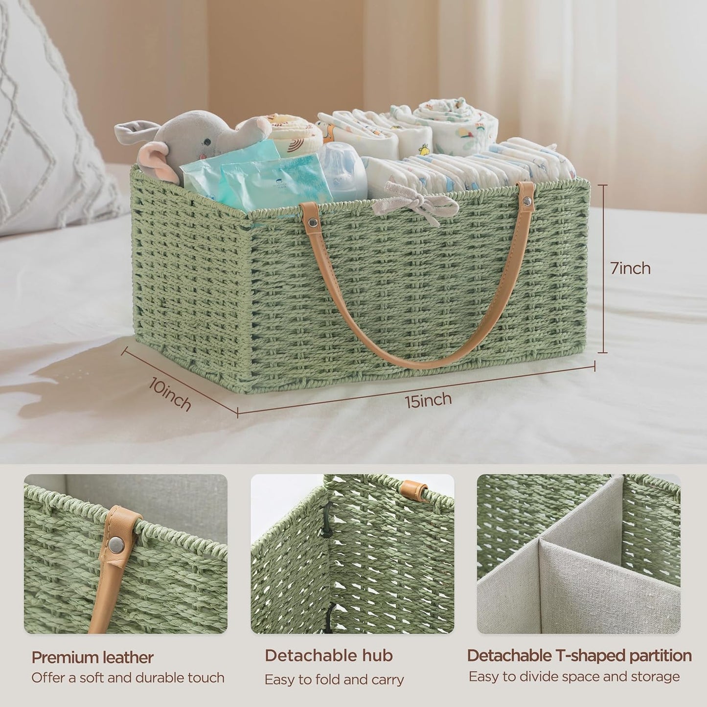 HBlife Large Baby Diaper Caddy Organizer, Paper Rope Storage Baskets Nursery Bin with Removable Divider, Portable Car Organizer for Diapers, Baby Shower Gifts, Newborn Essentials Must Haves