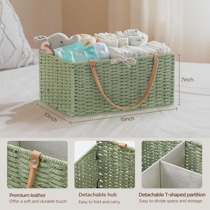 HBlife Large Baby Diaper Caddy Organizer, Paper Rope Storage Baskets Nursery Bin with Removable Divider, Portable Car Organizer for Diapers, Baby Shower Gifts, Newborn Essentials Must Haves
