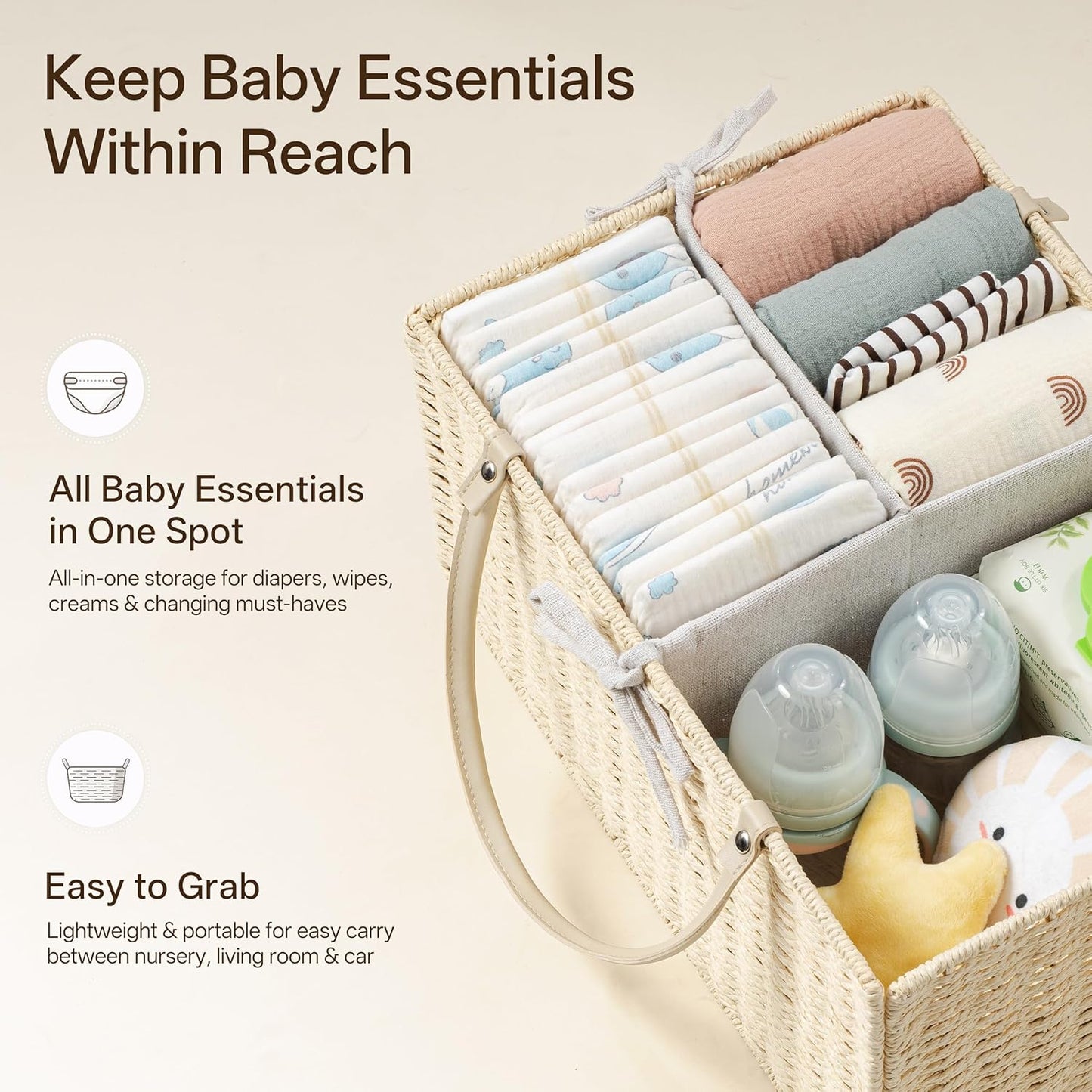 Angelhood Large Paper Rope Diaper Caddy, Baby Essentials Organizer, Portable Baby Shower Baskets Gift Bin, Car Storage Bag for Nursery