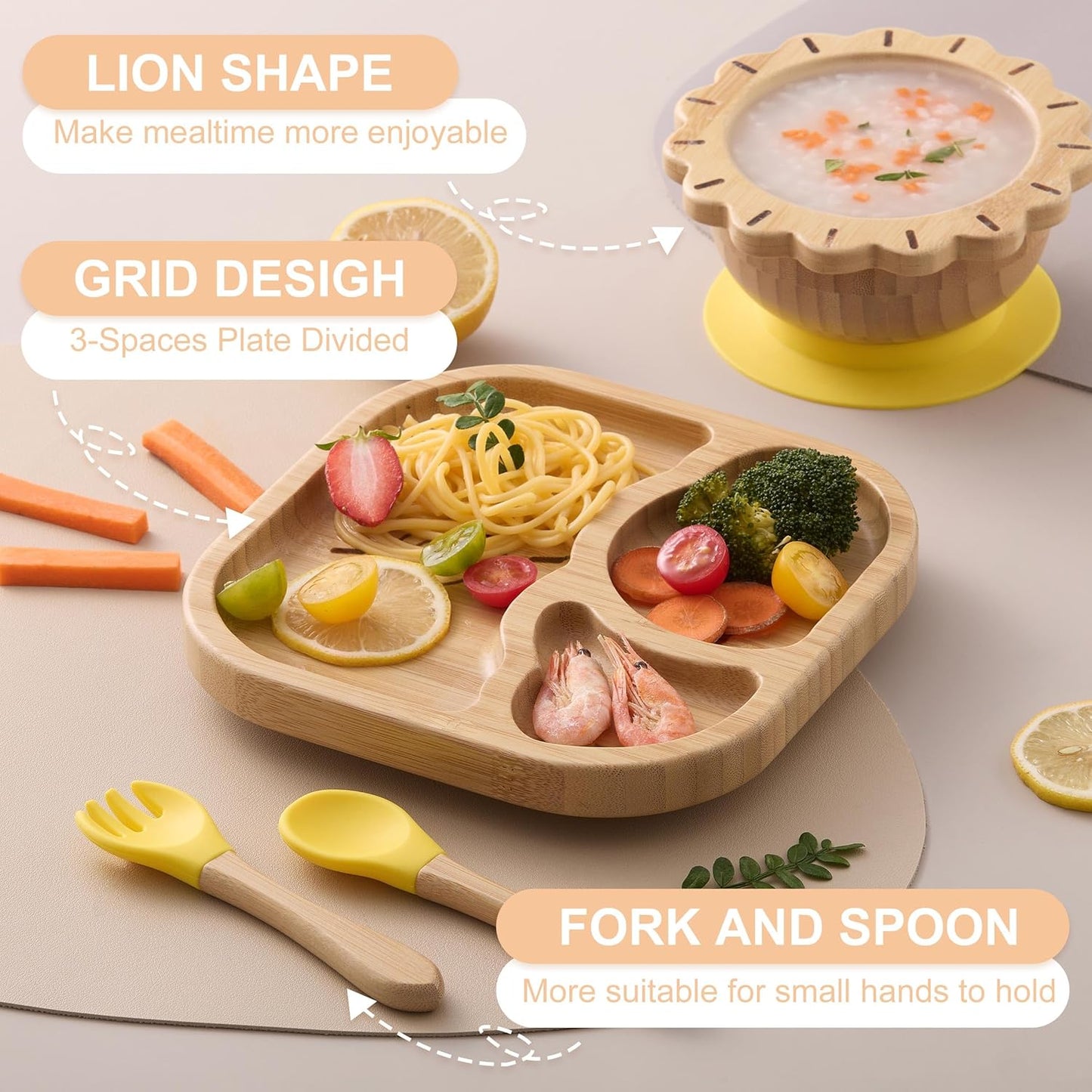 Suction Plates Bowls Set for Baby Toddler Non-Toxic Bamboo Feeding Set with Silicone Fork & Spoon (Green Feeding Set)