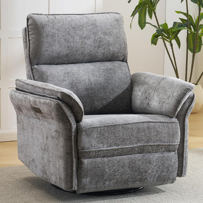Oversized Glider Rocker Recliner, 26" Extra Wide 360° Swivel Nursery Recliner with Adjustable Headrest, Chenille Rocking Nursery Chair with Overstuffed Armrest, Lumbar Support, Light Grey