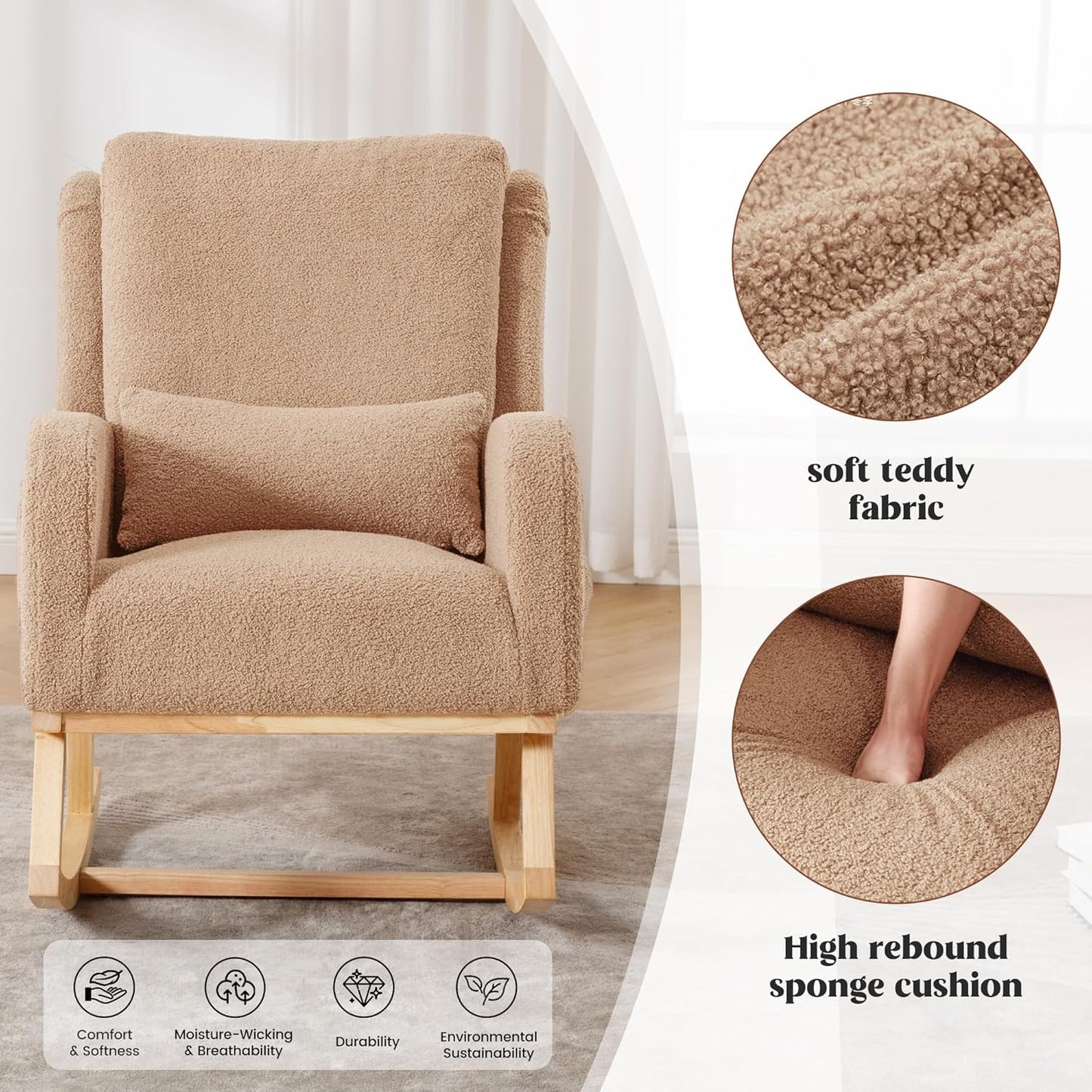 HCHAIRH Rocking Chair Nursery, Sherpa Nursing Rocking Chairs, Upholstered Nursery Glider Rocker for Mom Nursery Morden Accent Rocking Chair Pillow for Living Room,Bedroom,Teddy Light Grey