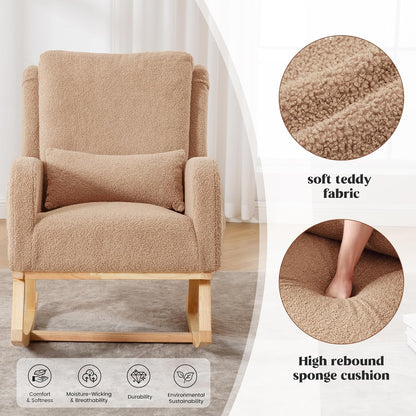 HCHAIRH Rocking Chair Nursery, Sherpa Nursing Rocking Chairs, Upholstered Nursery Glider Rocker for Mom Nursery Morden Accent Rocking Chair Pillow for Living Room,Bedroom,Teddy Light Grey