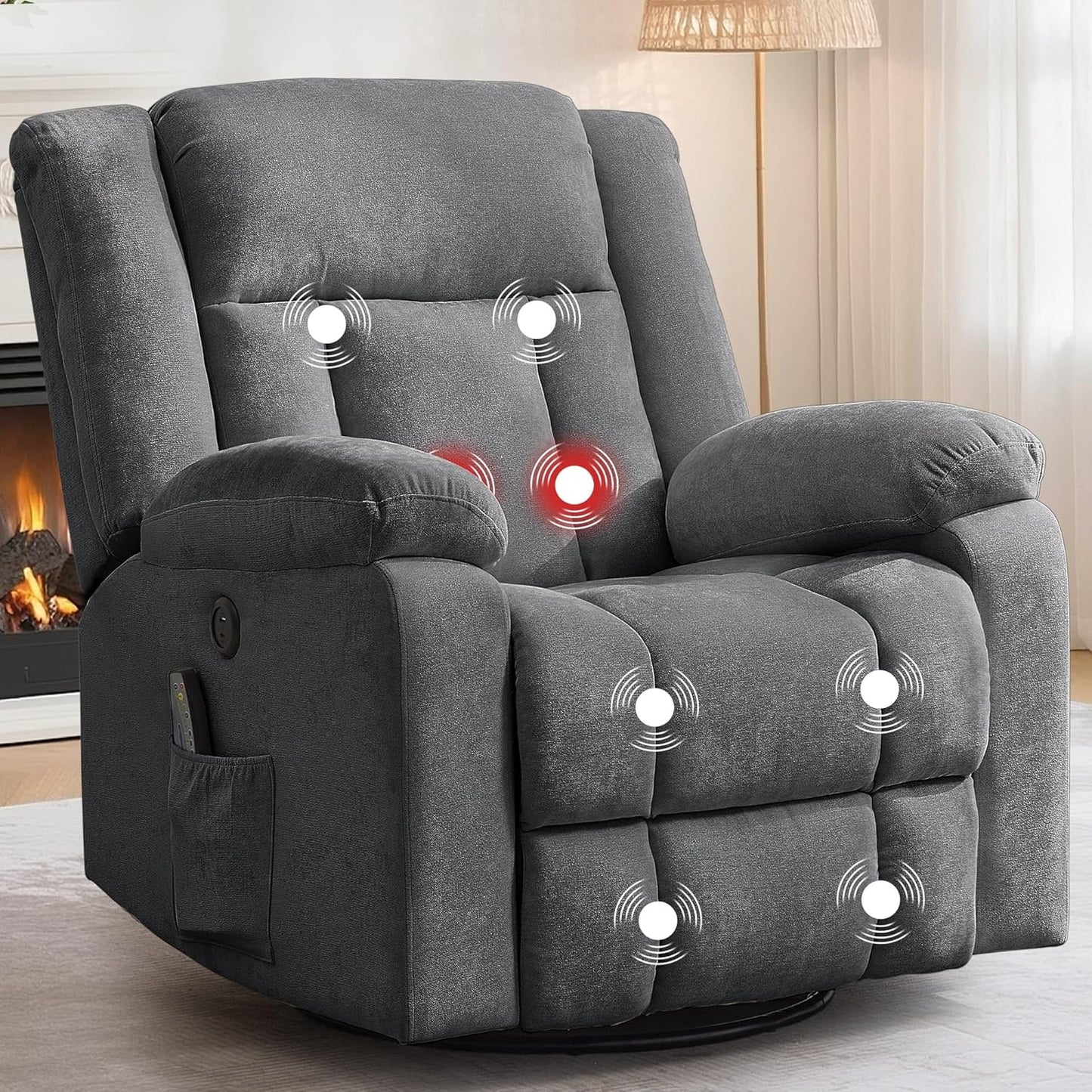 Korser Rocker Recliner, Glider Recliner Chairs for Adults, 360° Swivel Rocking Chair with Massage and Heating, Nursery Chair with Storage and USB Charging for Living Room, Bedroom, Nursery