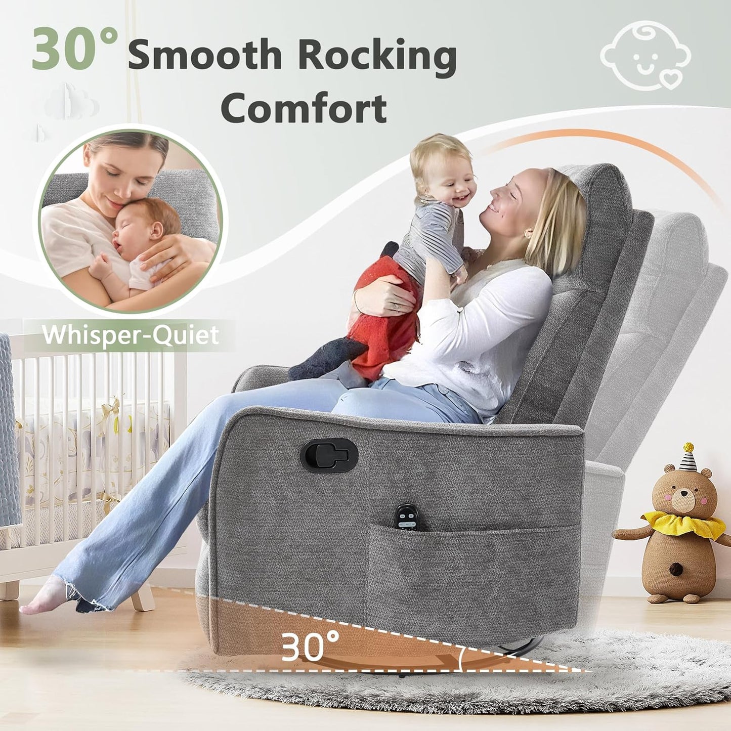 cinkehome Swivel Rocker Recliner, Glider Rocker Recliner Chair for Nursery, Manual Reclining Chair with Heated Massage, Small Spaces, Living Room, Khaki Chenille