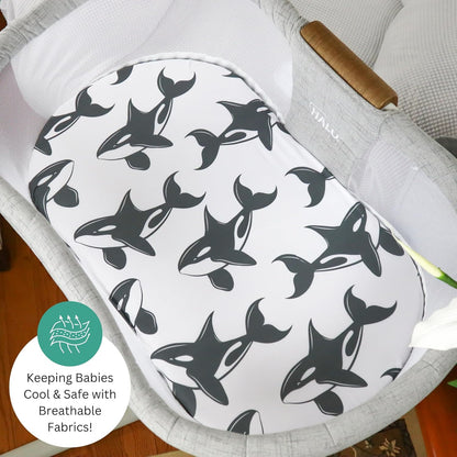 Bassinet Sheets for Papablic, CoZee, Cowiewie, Ezebaby, Nawahev Baby Bassinet Bedside Sleeper by TansyPanda, 3PC, 33x20, Ultra Soft, Breathable Snug Fit, Unisex Boys Girls, Gray White (Space Rockets)
