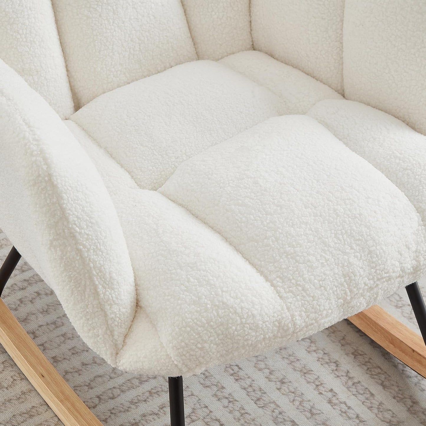 Glider Chair for Living Room & Nursery, Tufted Upholstered Teddy Rocking Chair with High Backrest & Stable Metal Frame, 300lbs Capacity, Comfy Rocker Glider for Adults & Kids, Office & Bedroom(Gray)