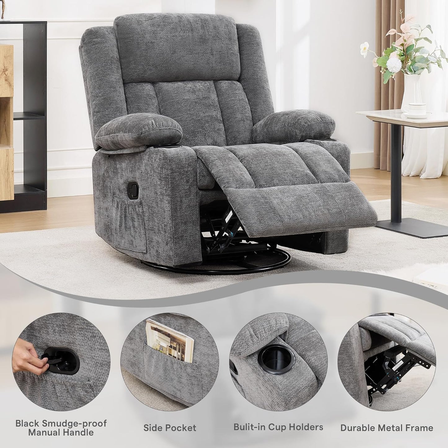 Swivel Rocker Recliner Chair, Lazy Boy Recliner with Cup Holders, 360 Degree Rotating Nursery Rocking Chair, Manual Glider Recliner for Living Room (1, Yellow)