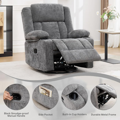 Swivel Rocker Recliner Chair, Lazy Boy Recliner with Cup Holders, 360 Degree Rotating Nursery Rocking Chair, Manual Glider Recliner for Living Room (1, Yellow)