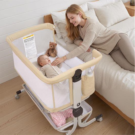 Baby Bassinet, Bedside Sleeper for Newborns Convertible Co-Sleeper Crib with Breathable Mesh, 6-Level Height Adjustment, Built-In Storage, Foldable Portable Bassinet for Home or Travel, Pink & Purple