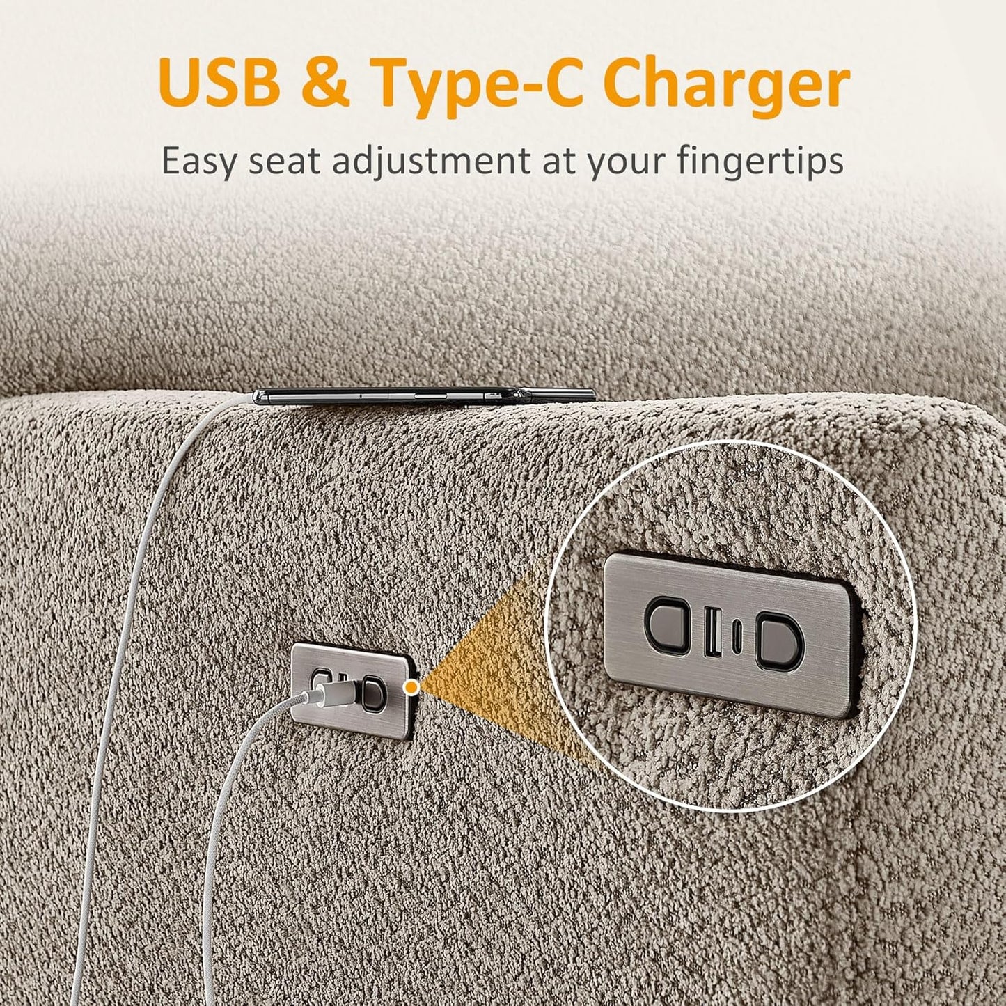 VANOMi Power Swivel Glider Recliner Chair, Electric Nursery Rocker Recliner Chair, USB & Type-C Charger, Boucle White