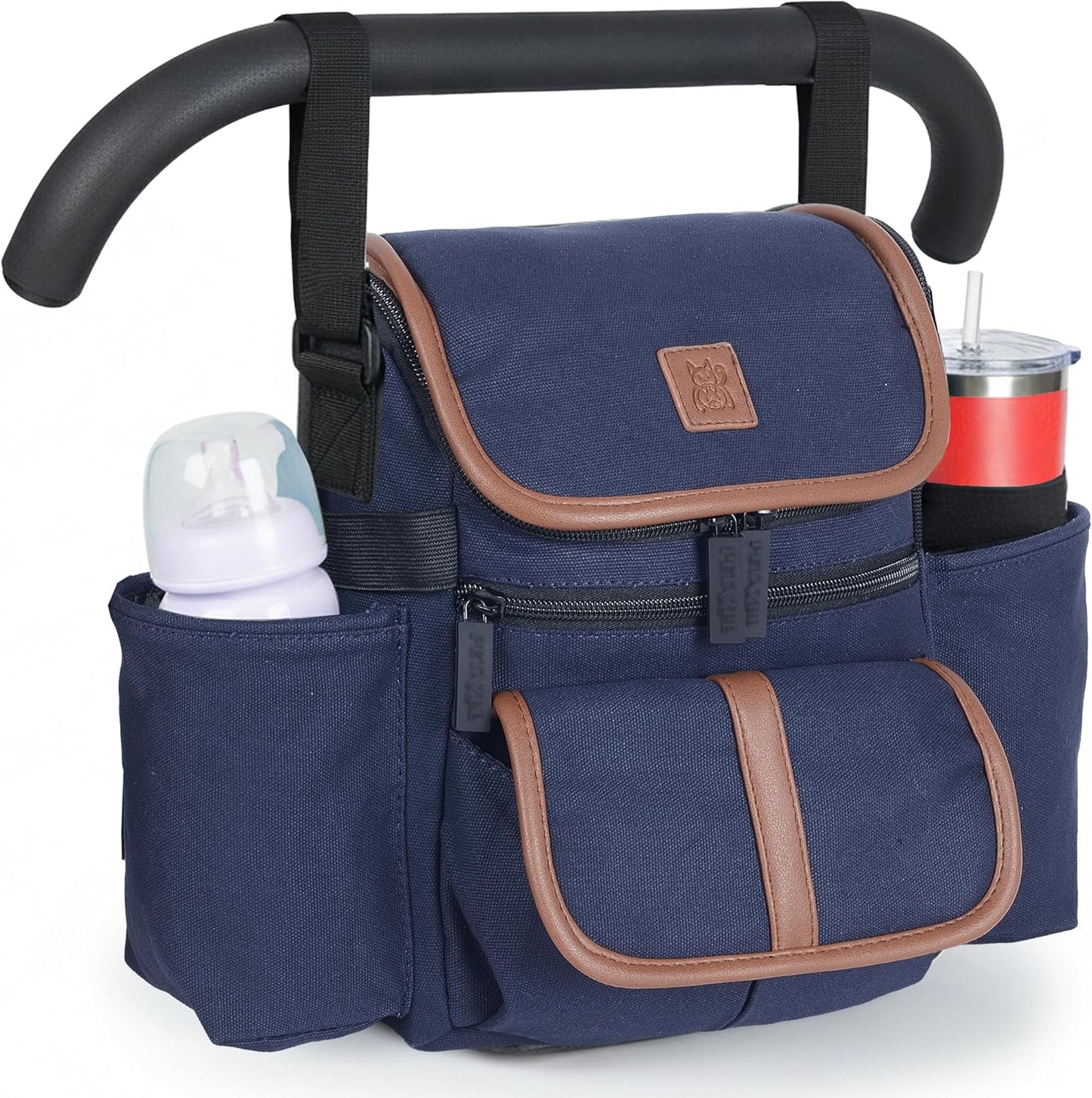 NT·hut Baby Stroller Organizer, Stroller Caddy Bag with 2 Wide Cup Holders & Bottle Straps, Universal Strap Fit, Fits 11" Tablet, Magnetic Pocket, Zipper & Mesh Pockets, Water Resistant 600D (Black)