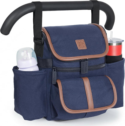 NT·hut Baby Stroller Organizer, Stroller Caddy Bag with 2 Wide Cup Holders & Bottle Straps, Universal Strap Fit, Fits 11" Tablet, Magnetic Pocket, Zipper & Mesh Pockets, Water Resistant 600D (Black)