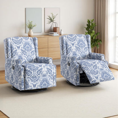 Swivel Rocker Recliner Chair, Manual Nursery Glider Recliner, Floral Fabric Wingback Accent Chair with Adjustable Backrest & Footrest for Small Spaces Living Room Bedroom (Plants Floral, Set of 1)
