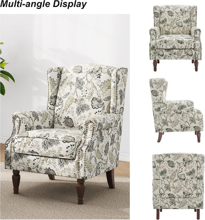 Swivel Rocker Recliner Chair, Manual Nursery Glider Recliner, Floral Fabric Wingback Accent Chair with Adjustable Backrest & Footrest for Small Spaces Living Room Bedroom (Plants Floral, Set of 1)