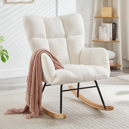Glider Chair for Living Room & Nursery, Tufted Upholstered Teddy Rocking Chair with High Backrest & Stable Metal Frame, 300lbs Capacity, Comfy Rocker Glider for Adults & Kids, Office & Bedroom(Gray)