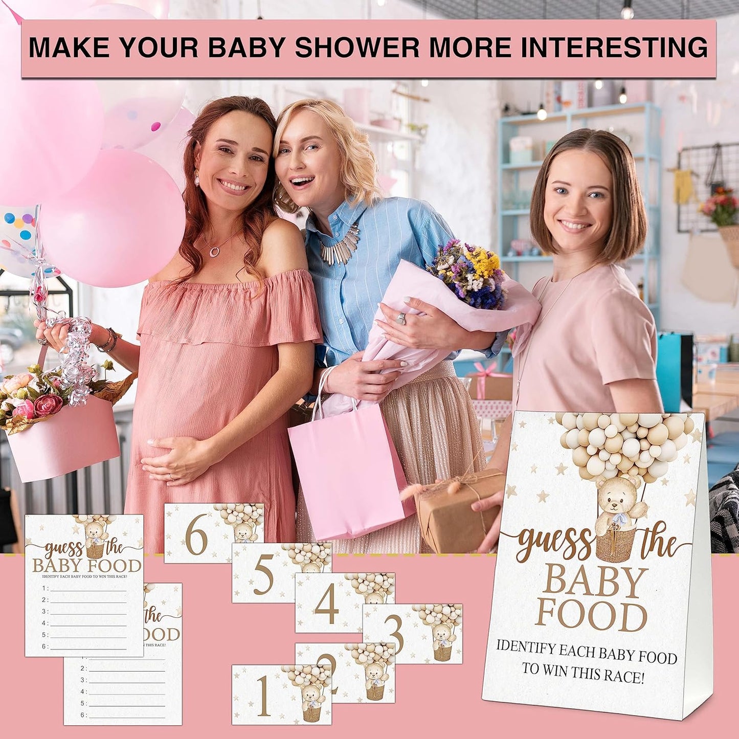 Guess the Baby Food Party Games, Baby Shower Game Set, 1 Standing Sign + 25 Answer Cards + 6 Number Cards, Boho Wild West Gender Reveal Party Decoration Supplies -B05