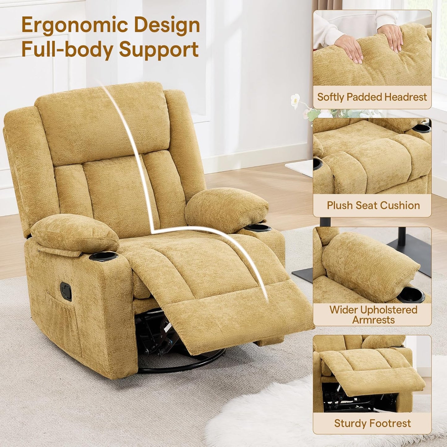 Swivel Rocker Recliner Chair, Lazy Boy Recliner with Cup Holders, 360 Degree Rotating Nursery Rocking Chair, Manual Glider Recliner for Living Room (1, Yellow)